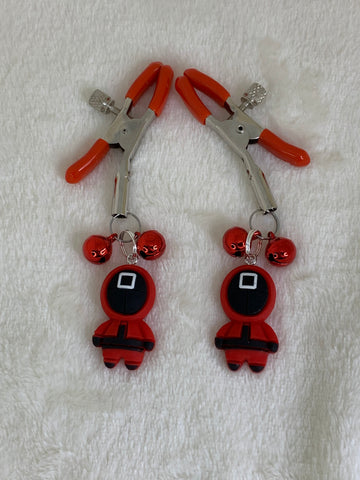Masked guard (Squid games inspired) adjustable nipple clamps with bells