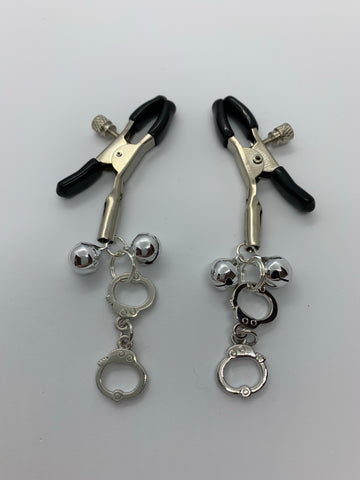 Silver charm handcuff adjustable nipple clamps with bells